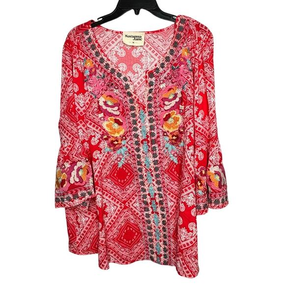 Savanna Jane Pink & Red Floral Embroidered V Neckline Tunic Top Blouse Size 1XL - Picture 1 of 9
